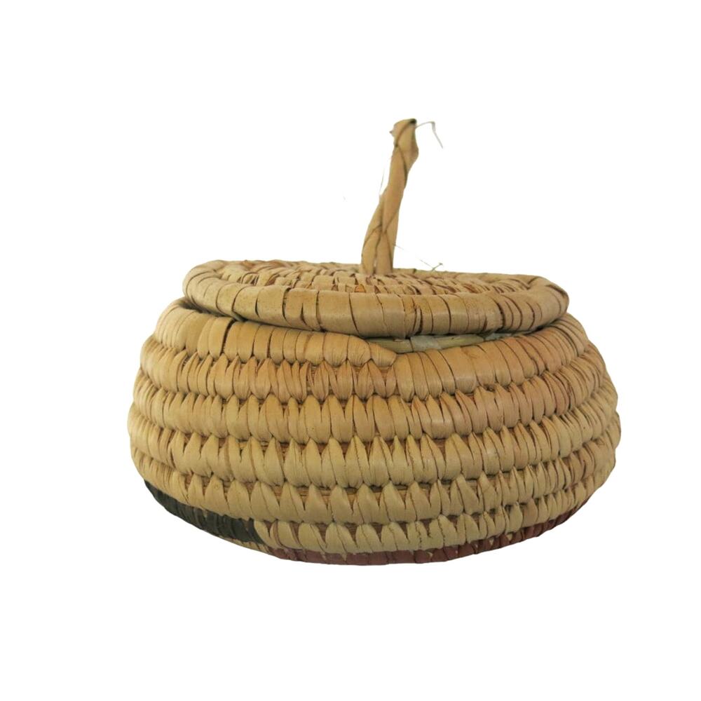 AFRICAN Hand Woven Hanging Basket Grass Tribal Ethnic Lid and Loop Nigeria Tans